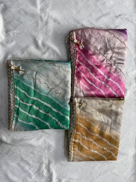 Vintage Turquoise Soft Space Silk Leheriya Print Saree with Bhungali Work for Wedding Silk Sarees Wholesale