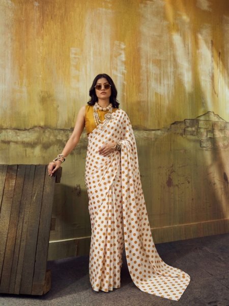 Vintage-Vibe Printed Japan Satin Saree with Unstitched Blouse  Sarees 