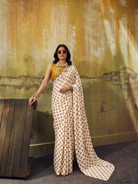 Vintage-Vibe Printed Japan Satin Saree with Unstitched Blouse  Bollywood Fancy Sarees Wholesale