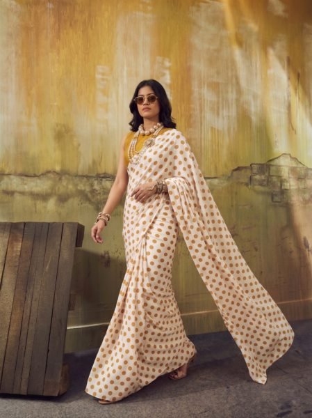 Vintage-Vibe Printed Japan Satin Saree with Unstitched Blouse  Bollywood Fancy Sarees Wholesale