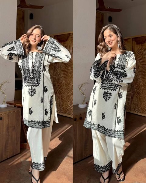 Vintage White Designer Rayon Butti Silk Co Ord Set with Chain Stitch Embroidery CO ORD Sets