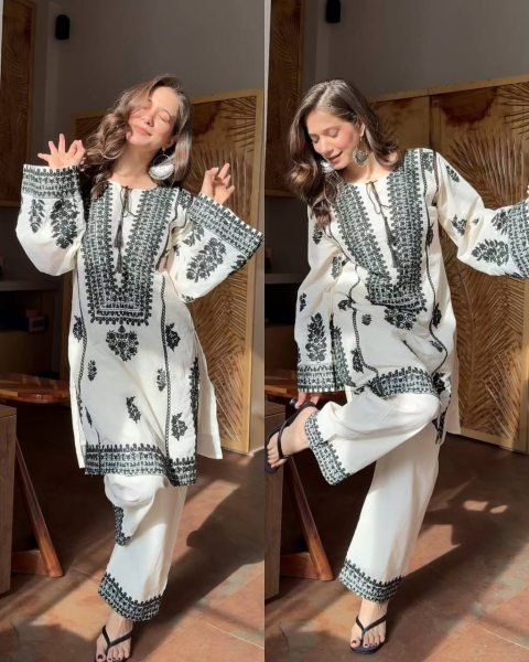 Vintage White Designer Rayon Butti Silk Co Ord Set with Chain Stitch Embroidery CO ORD Sets