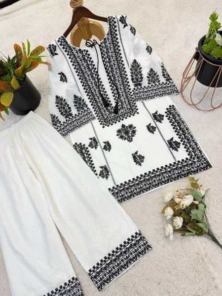 Vintage White Designer Rayon Butti Silk Co Ord Set with Chain Stitch Embroidery CO ORD Sets