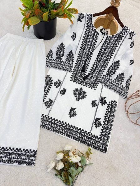 Vintage White Designer Rayon Butti Silk Co Ord Set with Chain Stitch Embroidery CO ORD Sets