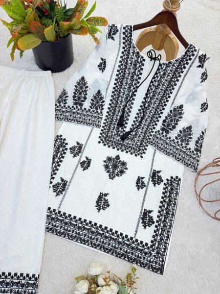 Vintage White Designer Rayon Butti Silk Co Ord Set with Chain Stitch Embroidery CO ORD Sets