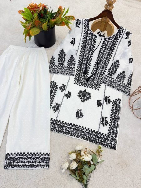 Vintage White Designer Rayon Butti Silk Co Ord Set with Chain Stitch Embroidery CO ORD Sets