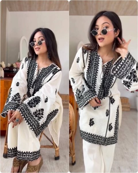 Vintage White Designer Rayon Butti Silk Co Ord Set with Chain Stitch Embroidery CO ORD Sets