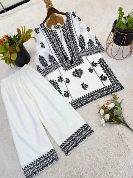 Vintage White Designer Rayon Butti Silk Co Ord Set with Chain Stitch Embroidery CO ORD Sets