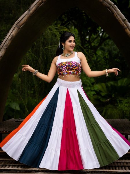 Vintage White Multi Navratri Rayon Cotton Lehenga Choli with Gamthi Mirror Work  Lehenga