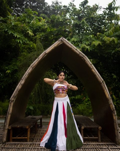 Vintage White Multi Navratri Rayon Cotton Lehenga Choli with Gamthi Mirror Work Navratri Lehnega Choli