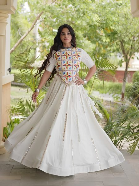 Vintage White Rayon Lehenga Choli with Multi Mirror Lace and Embroidered Blouse 