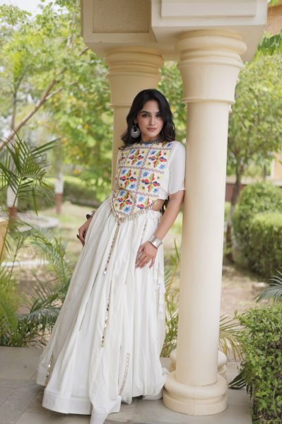 Vintage White Rayon Lehenga Choli with Multi Mirror Lace and Embroidered Blouse Navratri Lehnega Choli