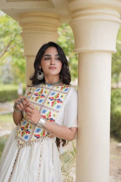 Vintage White Rayon Lehenga Choli with Multi Mirror Lace and Embroidered Blouse Navratri Lehnega Choli