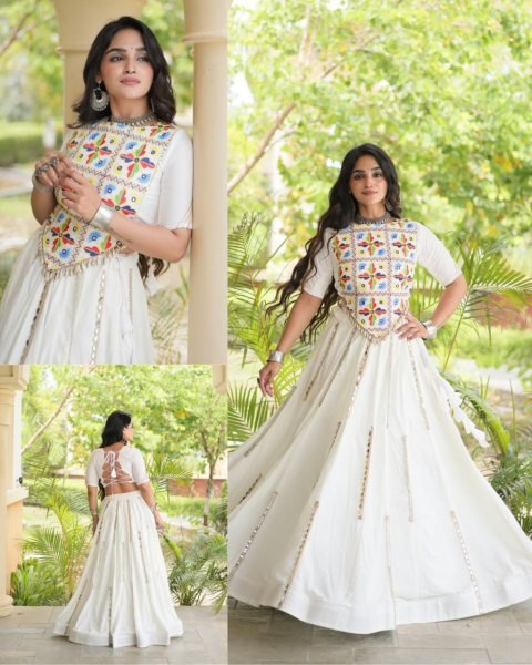 Vintage White Rayon Lehenga Choli with Multi Mirror Lace and Embroidered Blouse Navratri Lehnega Choli