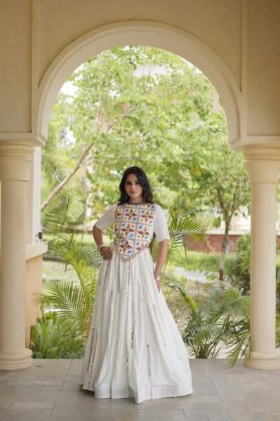 Vintage White Rayon Lehenga Choli with Multi Mirror Lace and Embroidered Blouse Navratri Lehnega Choli