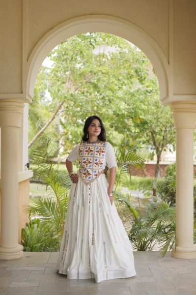 Vintage White Rayon Lehenga Choli with Multi Mirror Lace and Embroidered Blouse Navratri Lehnega Choli