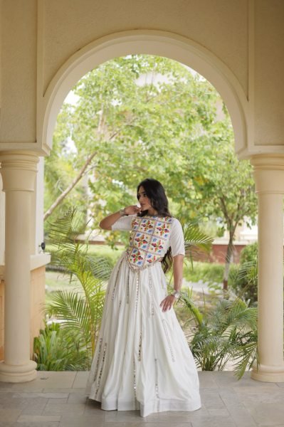 Vintage White Rayon Lehenga Choli with Multi Mirror Lace and Embroidered Blouse Navratri Lehnega Choli