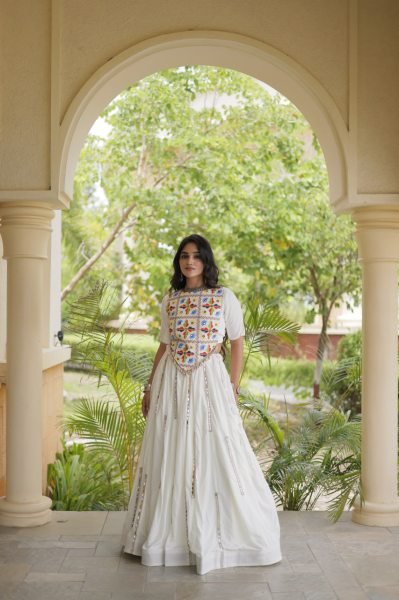 Vintage White Rayon Lehenga Choli with Multi Mirror Lace and Embroidered Blouse Navratri Lehnega Choli