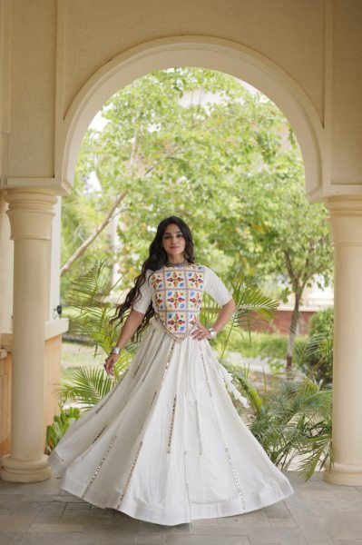 Vintage White Rayon Lehenga Choli with Multi Mirror Lace and Embroidered Blouse Navratri Lehnega Choli