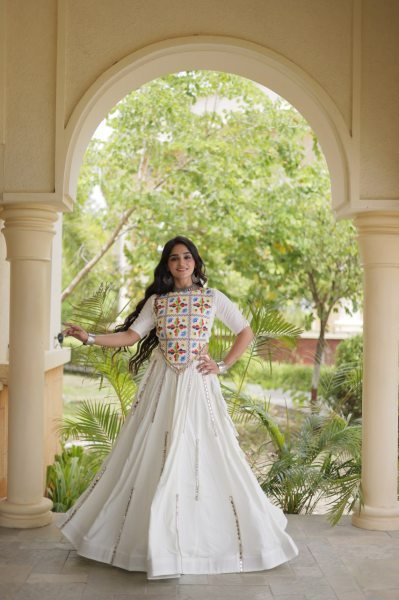 Vintage White Rayon Lehenga Choli with Multi Mirror Lace and Embroidered Blouse Navratri Lehnega Choli
