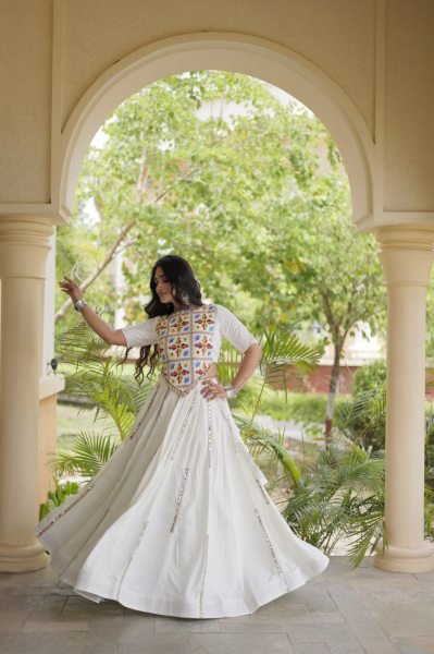 Vintage White Rayon Lehenga Choli with Multi Mirror Lace and Embroidered Blouse Navratri Lehnega Choli