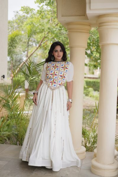 Vintage White Rayon Lehenga Choli with Multi Mirror Lace and Embroidered Blouse Navratri Lehnega Choli