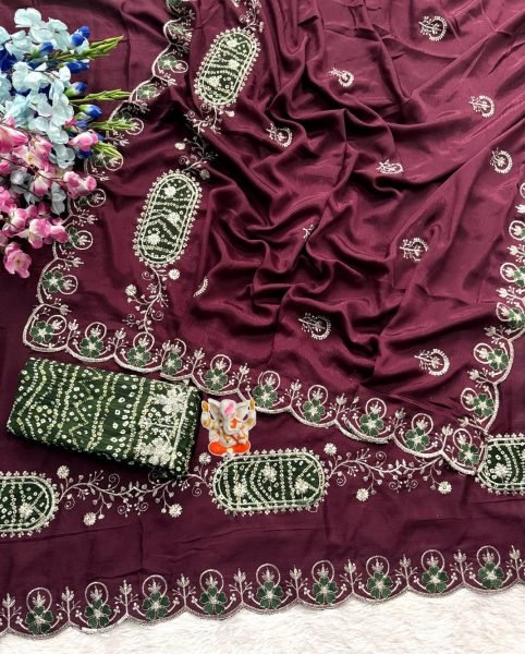 Vintage Wine Chinon Saree with Bandhani Floral Butta, Heart Border For Wedding Wear Embroidery Sarees Wholesale