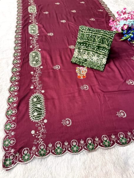 Vintage Wine Chinon Saree with Bandhani Floral Butta, Heart Border For Wedding Wear Embroidery Sarees Wholesale