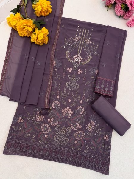 Violet Faux Georgette Semi-Stitched Suit with Embroidery & Sequence Work  Pakistani Suits Wholesale