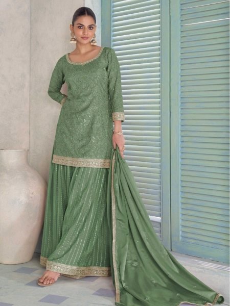 Vireluxe Green Chinon Embroidered Suit Set with Dupatta for Party Wear Designer Plazzo Salwar Suits Wholesale