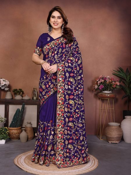 Vireluxe Royal Blue Lakhnowi Embroidered Silk Saree for Wedding Wear Embroidery Sarees Wholesale