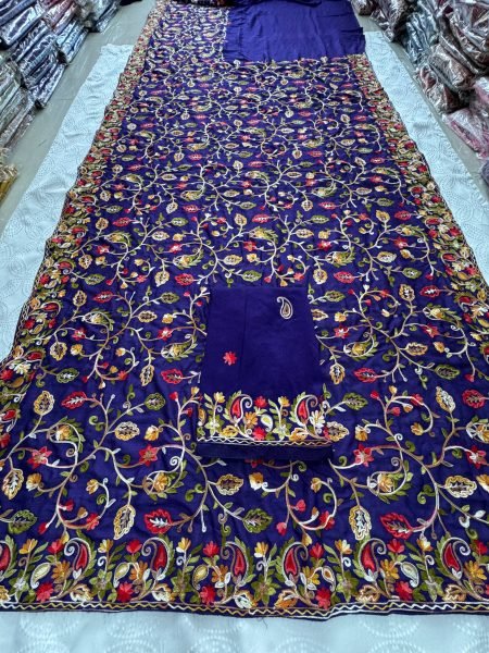 Vireluxe Royal Blue Lakhnowi Embroidered Silk Saree for Wedding Wear Embroidery Sarees Wholesale