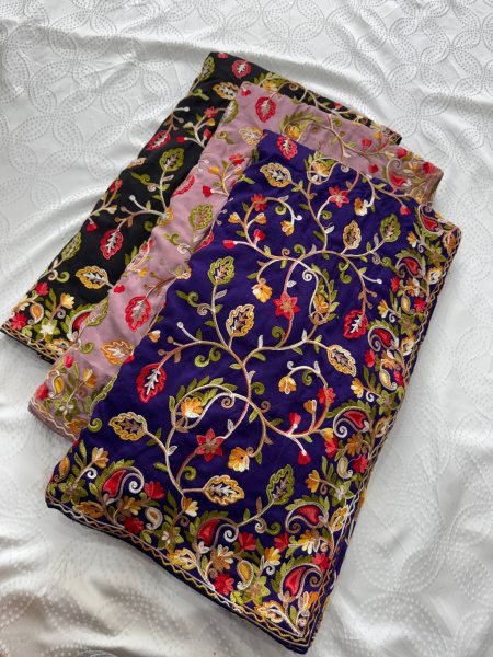 Vireluxe Royal Blue Lakhnowi Embroidered Silk Saree for Wedding Wear Embroidery Sarees Wholesale