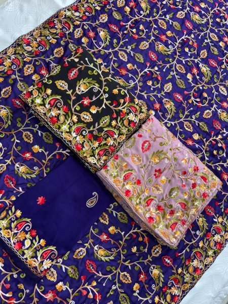 Vireluxe Royal Blue Lakhnowi Embroidered Silk Saree for Wedding Wear Embroidery Sarees Wholesale