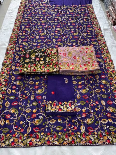 Vireluxe Royal Blue Lakhnowi Embroidered Silk Saree for Wedding Wear Embroidery Sarees Wholesale