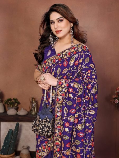 Vireluxe Royal Blue Lakhnowi Embroidered Silk Saree for Wedding Wear Embroidery Sarees Wholesale