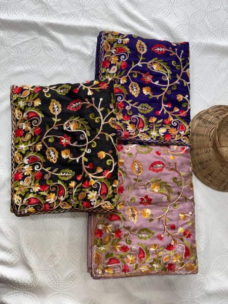 Vireluxe Royal Blue Lakhnowi Embroidered Silk Saree for Wedding Wear Embroidery Sarees Wholesale