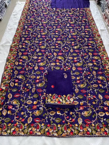 Vireluxe Royal Blue Lakhnowi Embroidered Silk Saree for Wedding Wear Embroidery Sarees Wholesale