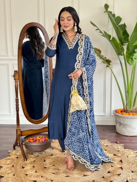 Viscose Chanderi Embroidered Kurta with Pant   Silk Blend Dupatta     Wholesale   Manufacturer Rates 3 Piece Kurti Set