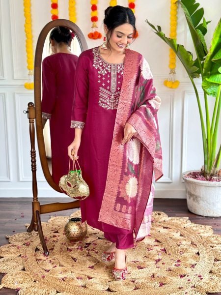 Viscose Chanderi Embroidered Suit with Jacquard Printed Dupatta