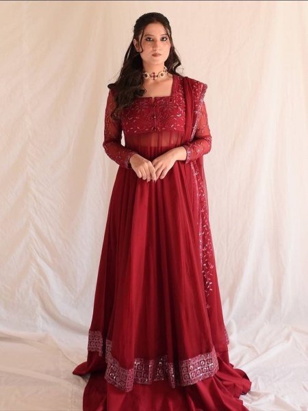 Vivid Faux Blooming Embroidered Gown with Full Sleeves   Heavy Lace Dupatta for Wedding Functions Ready To Wear Suit