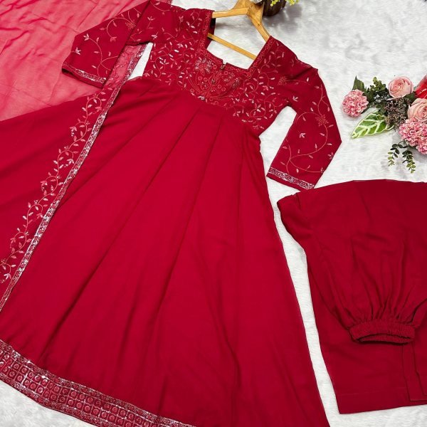 Vivid Faux Blooming Embroidered Gown with Full Sleeves   Heavy Lace Dupatta for Wedding Functions Anarkali Kurtis 