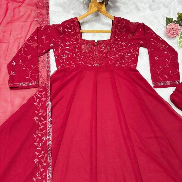 Vivid Faux Blooming Embroidered Gown with Full Sleeves   Heavy Lace Dupatta for Wedding Functions Anarkali Kurtis 