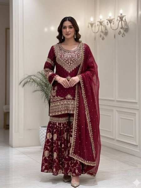 Vivid Georgette Sequin Embroidered Suit Set with Matching Dupatta for International Buyers 