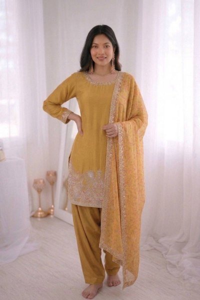 Warm Mustard Beige French Crep Silk Sequence Lace And Moti Work Farshi Pant Set With Digital Print Dupatta Ready To Wear Collection