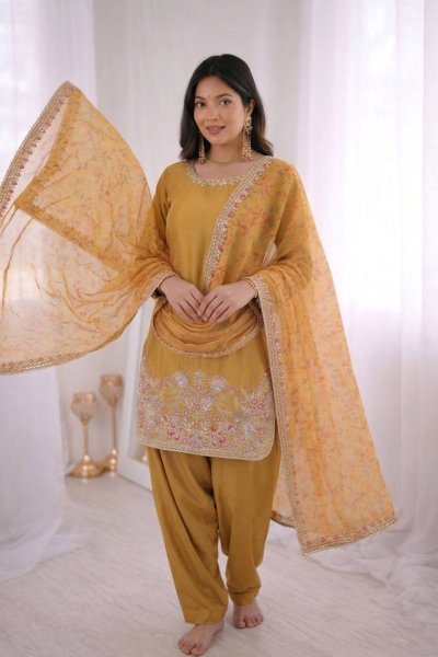 Warm Mustard Beige French Crep Silk Sequence Lace And Moti Work Farshi Pant Set With Digital Print Dupatta Ready To Wear Collection