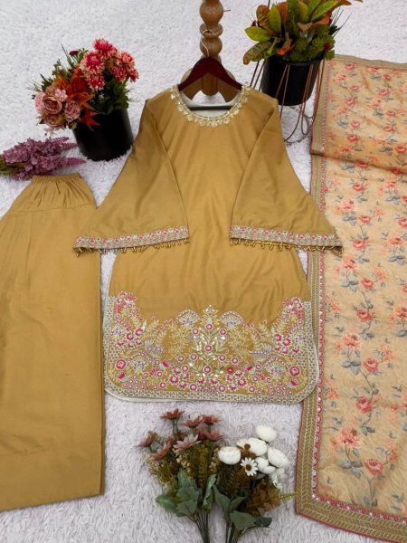 Warm Mustard Beige French Crep Silk Sequence Lace And Moti Work Farshi Pant Set With Digital Print Dupatta Ready To Wear Collection