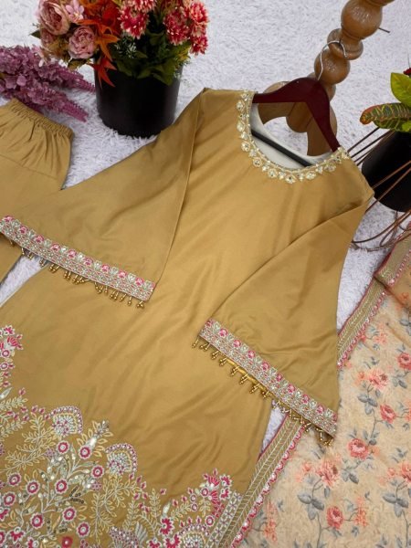Warm Mustard Beige French Crep Silk Sequence Lace And Moti Work Farshi Pant Set With Digital Print Dupatta Ready To Wear Collection