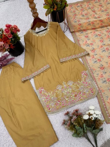 Warm Mustard Beige French Crep Silk Sequence Lace And Moti Work Farshi Pant Set With Digital Print Dupatta Ready To Wear Collection