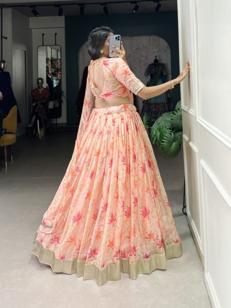 Wedding collection floral Peach Color Lehengas Choli Set Half Saree Lehenga